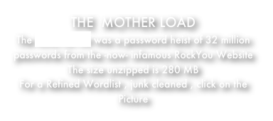 THE  MOTHER LOAD 
The RockYou List was a password heist of 32 million passwords from the -now- infamous RockYou Website
The size unzipped is 280 MB 
For a Refined Wordlist , junk cleaned , click on the Picture